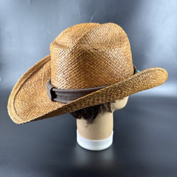 Shady Brady Straw Hat Medium Western USA Brown Band Turquoise/Stone Details - Picture 10 of 15